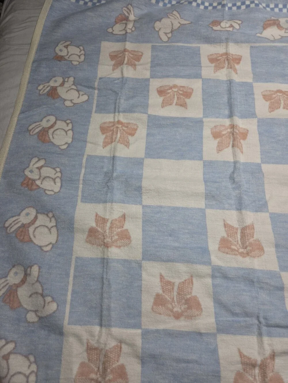 Vintage Faribo Cotton Tales Bunny Rabbit Bow Pink Blue Cotton Baby Kid Blanket